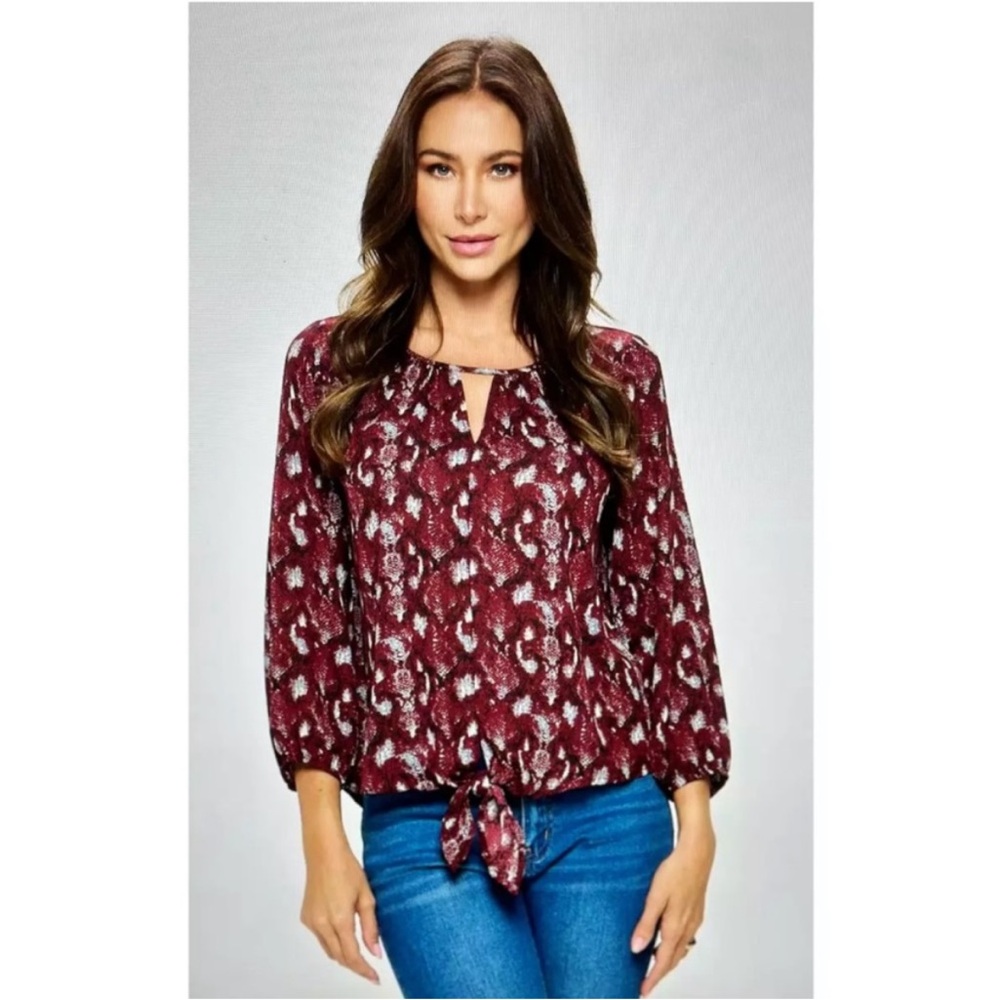 West Kei Stitch Fix Veronica Burgundy Snake Print Tie Front Blouse XS New